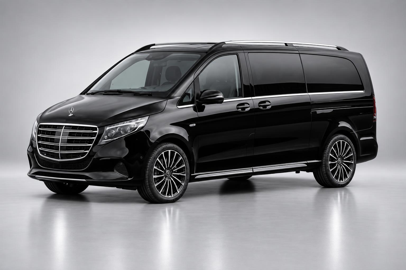 Black Mercedes-Benz V Class Senzati executive people carrier in a neutral studio