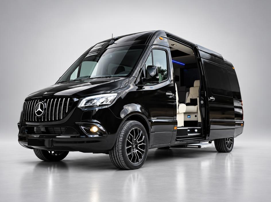 Gloss black Mercedes-Benz Sprinter executive van on a neutral studio background with the sliding door open to a cream leather cabin