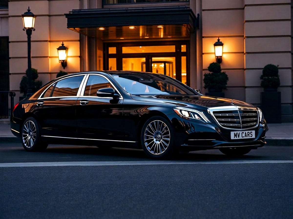 Black Mercedes-Maybach S680 long-wheelbase saloon outside a London hotel at dusk