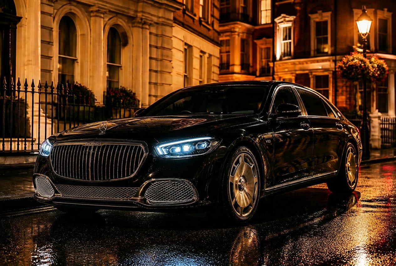 Black Mercedes-Maybach S680 long-wheelbase saloon outside a London hotel at dusk