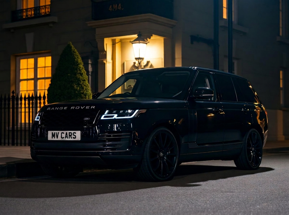 Black 2026 Range Rover long-wheelbase SUV outside a London townhouse at night