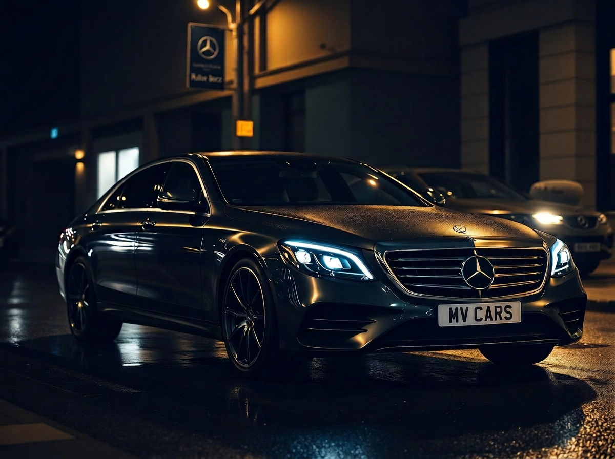 Black 2026 Mercedes-Benz S-Class saloon on a wet London street at night