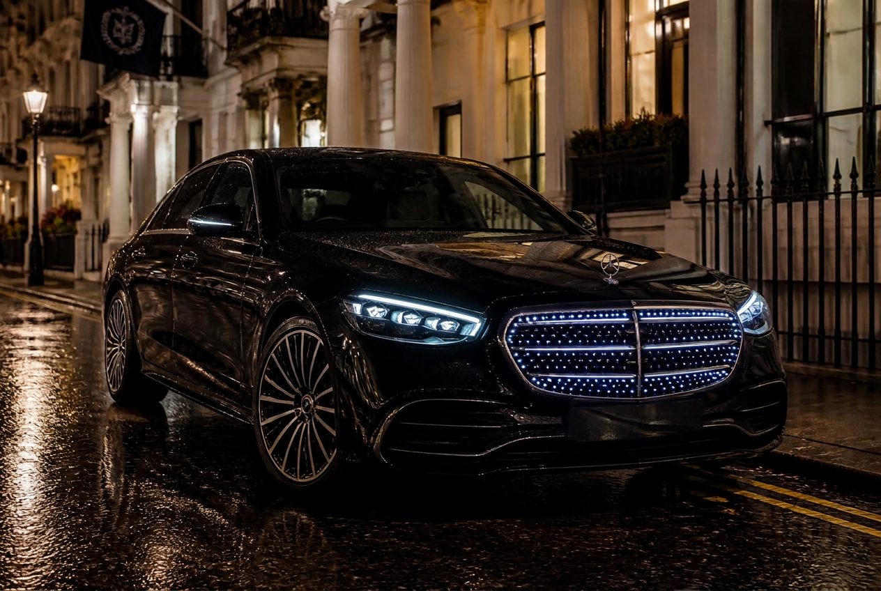 Black 2026 Mercedes-Benz S-Class saloon on a wet London street at night