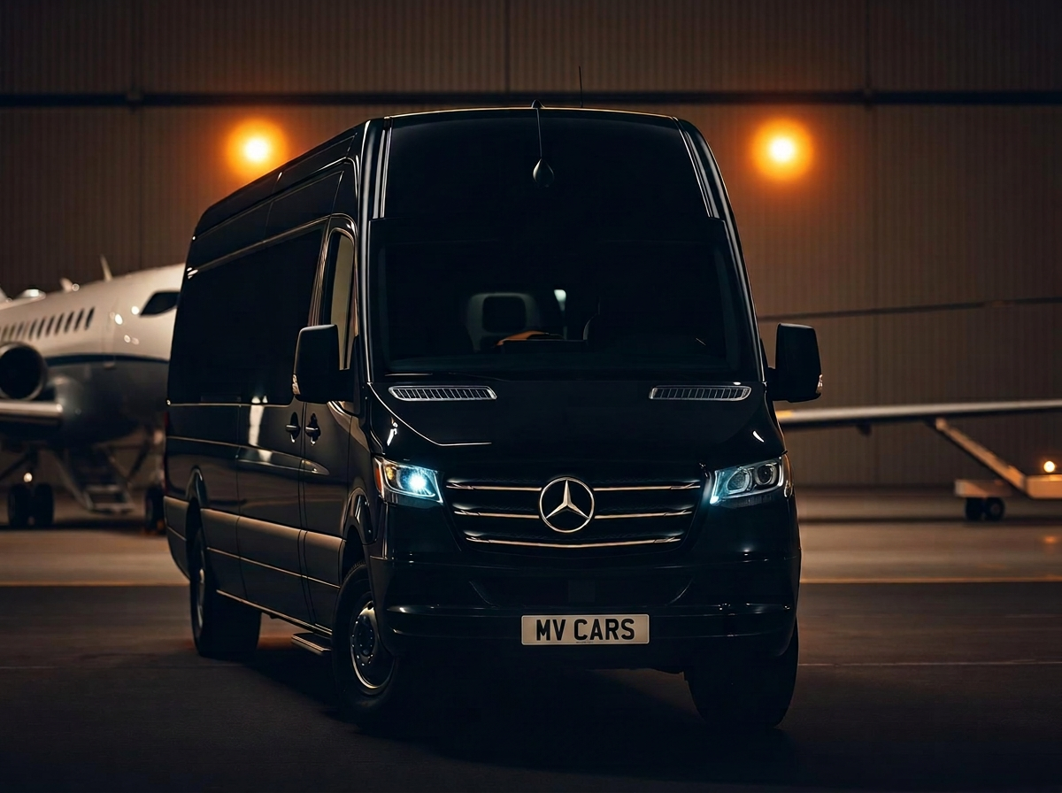 Black Mercedes-Benz Sprinter executive minibus in a private jet hangar at night