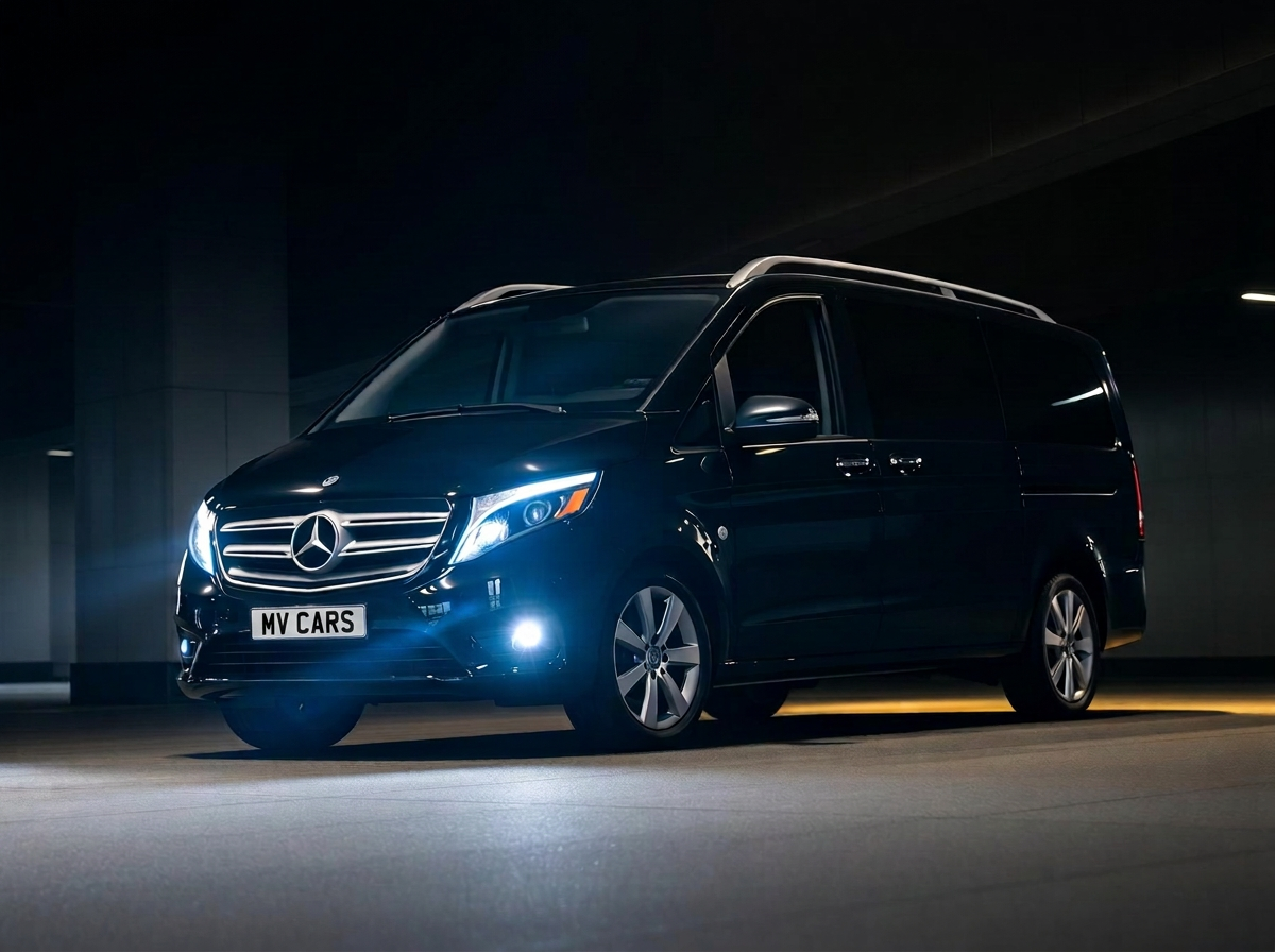 Black Mercedes-Benz Viano executive people carrier in a private terminal