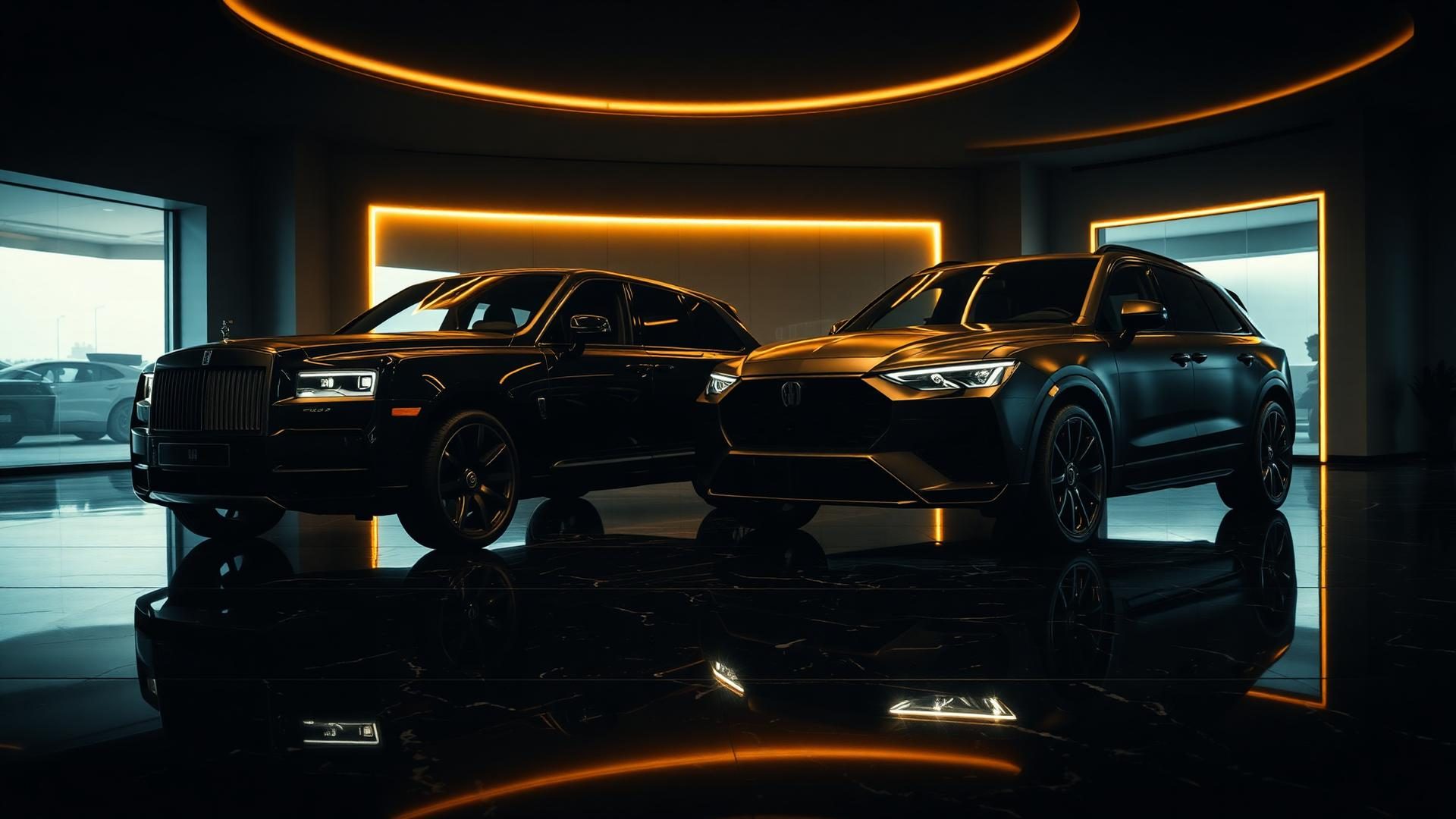 Rolls-Royce Cullinan and Lamborghini Urus in a private London showroom