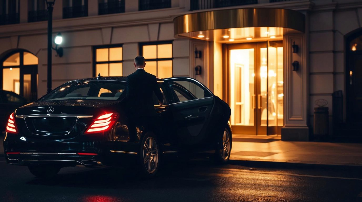 Chauffeur in a tailored black suit opening the rear door of a black luxury saloon outside a Mayfair hotel at night