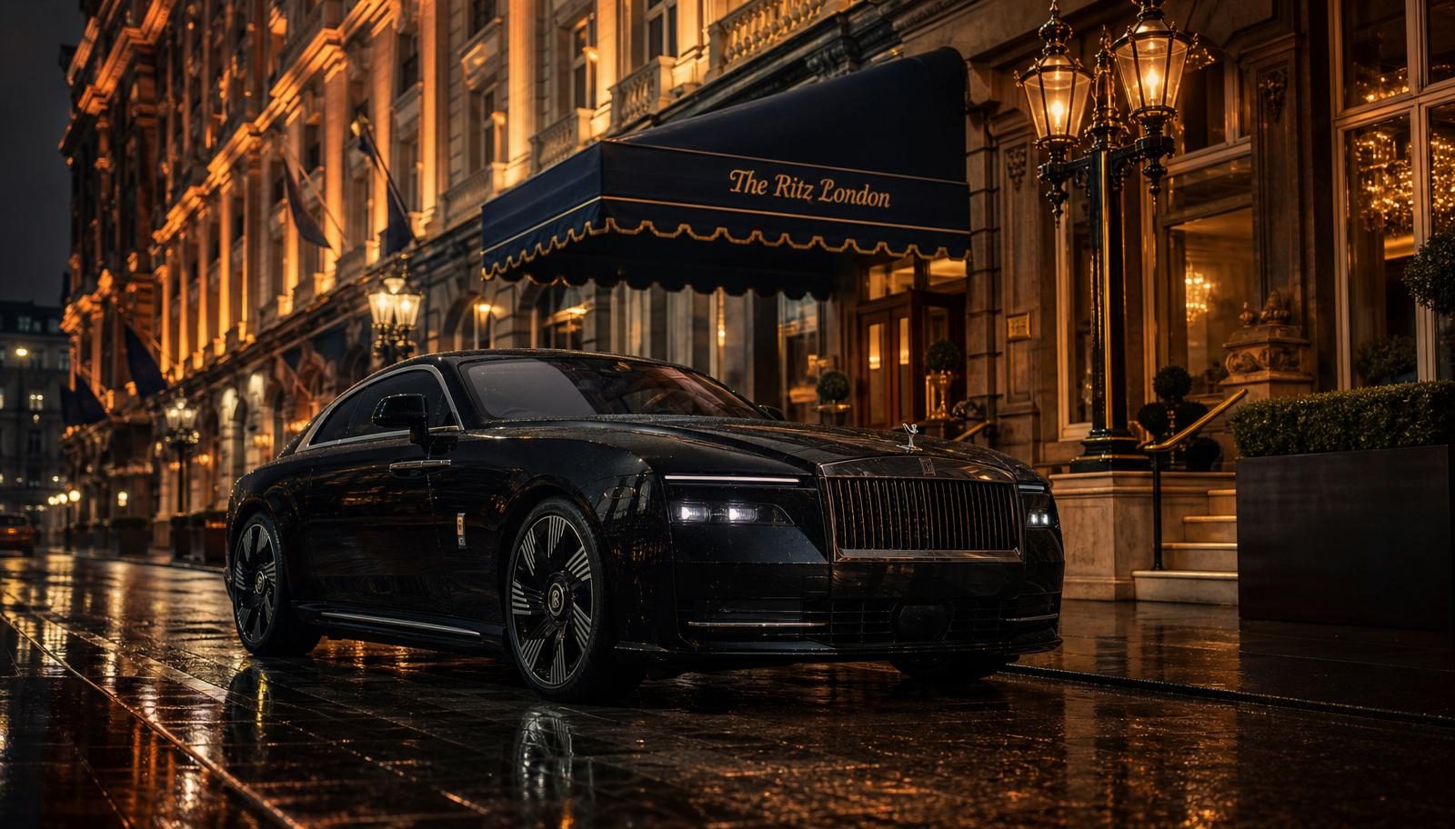 Rolls-Royce Spectre parked outside a luxury London hotel on a rain-slicked street at night