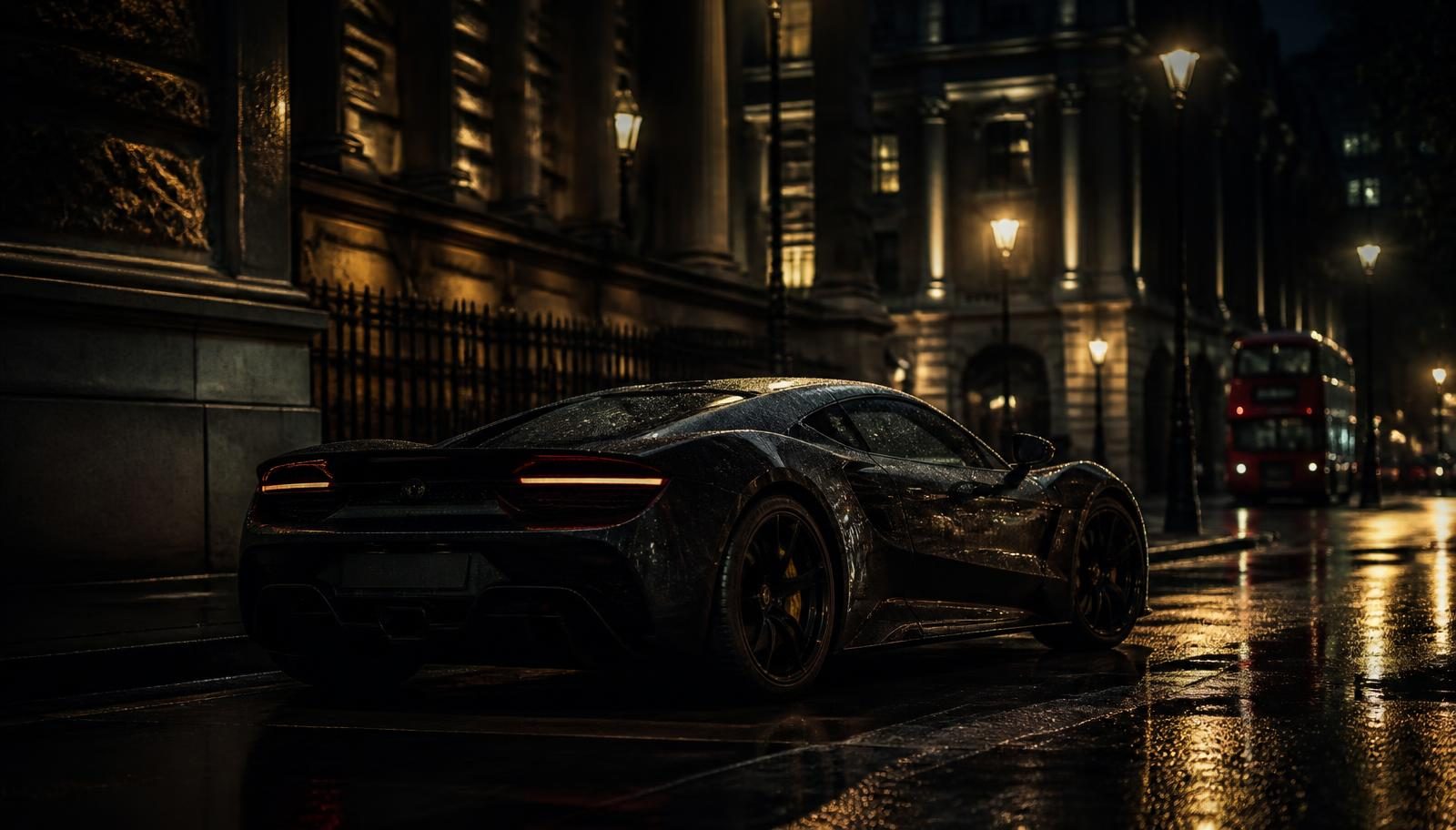 Modern supercar on a rain-slicked London street at night, lit by warm street lamps