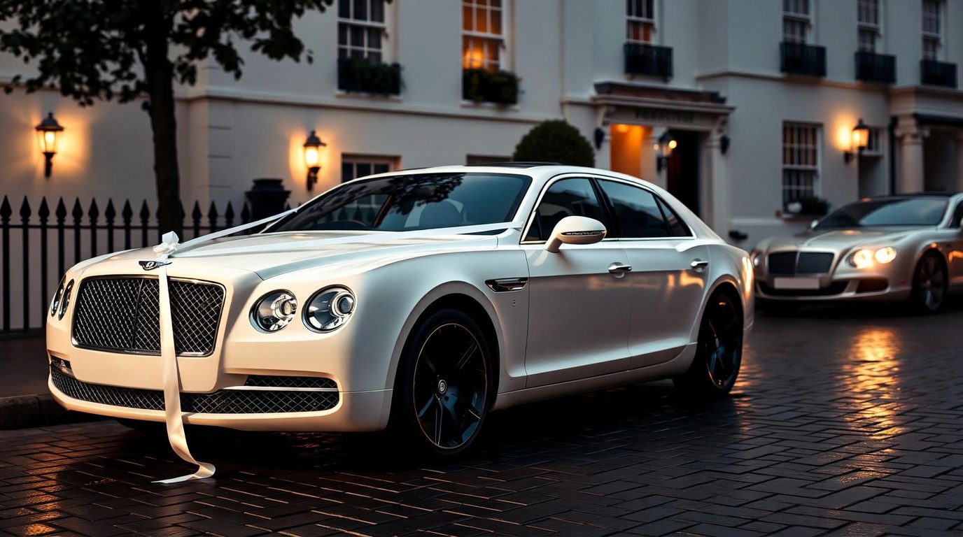 White Bentley Flying Spur wedding car with a ribbon outside a Georgian townhouse in London at dusk